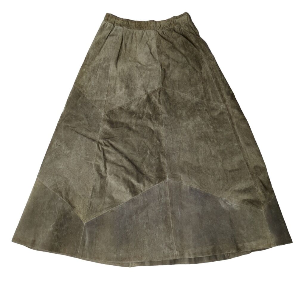 BG Street Suede Leather Maxi Skirt Dark Olive Green Size S Elastic & Back Zip